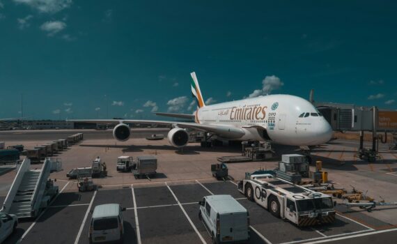 white Emirates plane